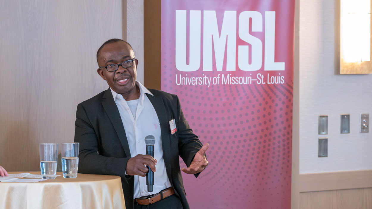 George Nnanna, the founding director of the University of Missouri–St. Louis School of Engineering, speaks at a welcome event in April.