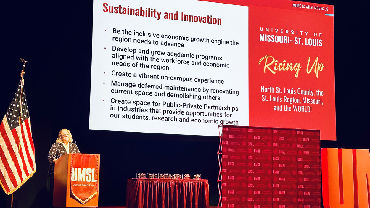 Chancellor Kristin Sobolik delivers the 2025 State of the University Address from the stage at the Blanche M. Touhill Performing Arts Center on Friday morning.