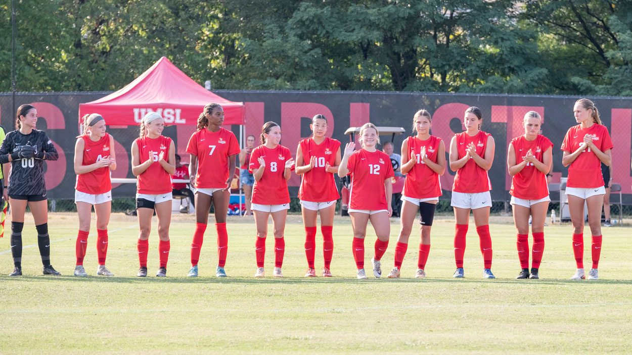 UMSL women's soccer player Aubree Wallace waves to the crowd at a recent game