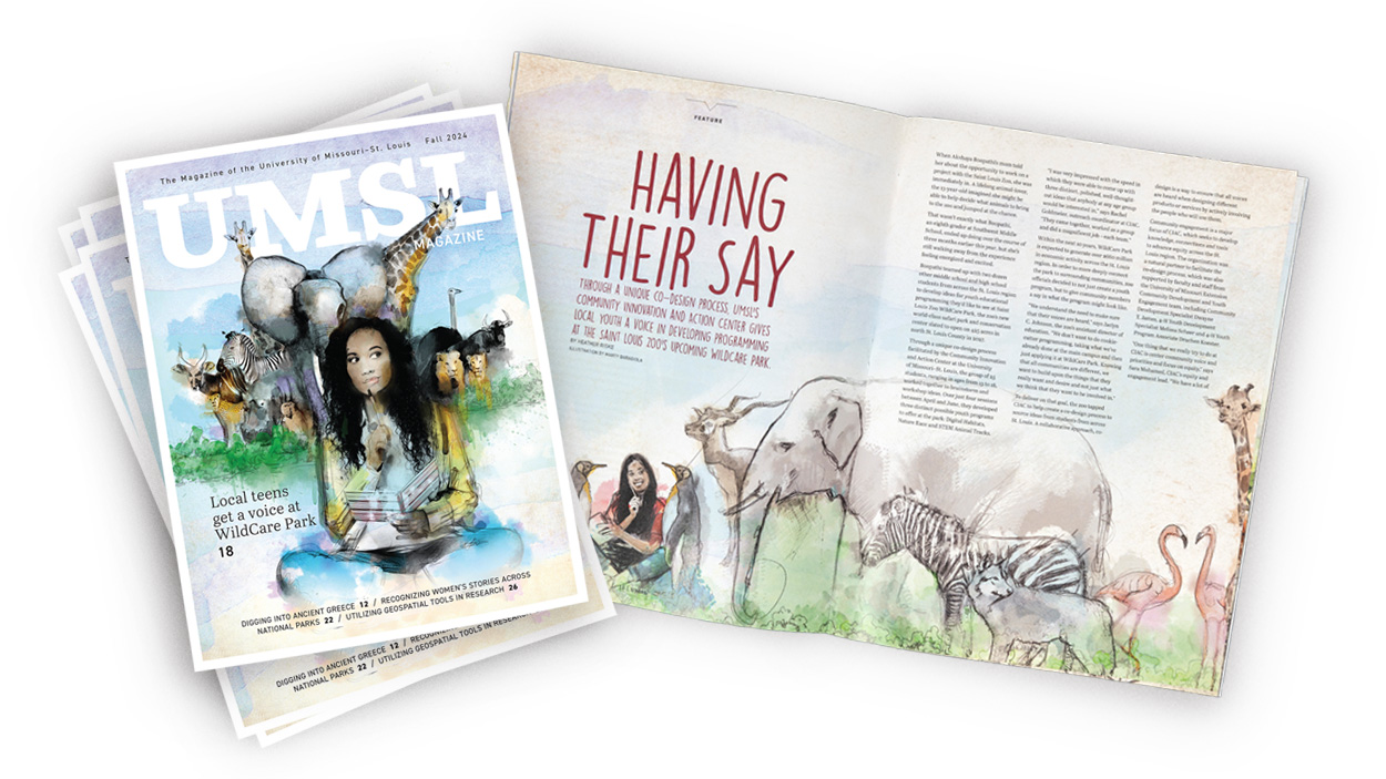 The cover and feature design for the fall 2024 issue of UMSL Magazine