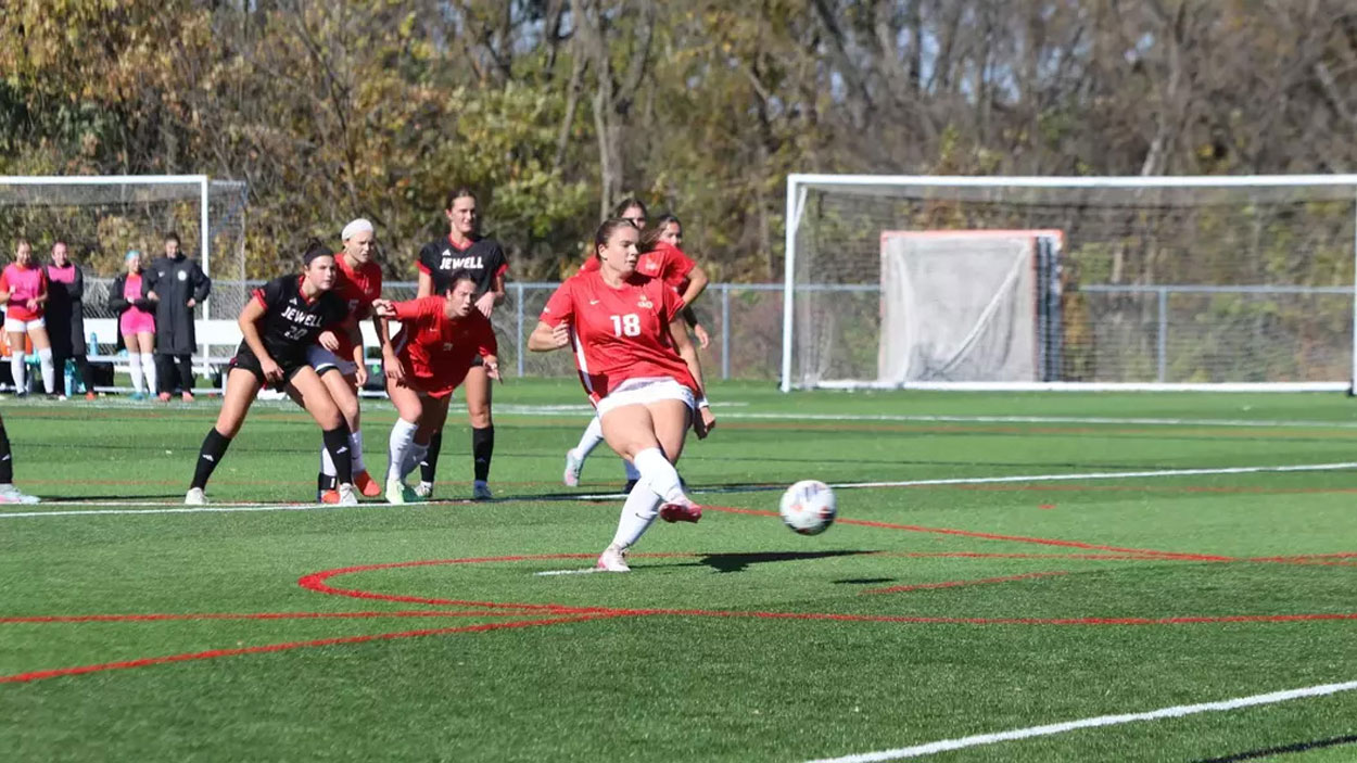 Gwen Maggard shoots a penalty kick against William Jewell