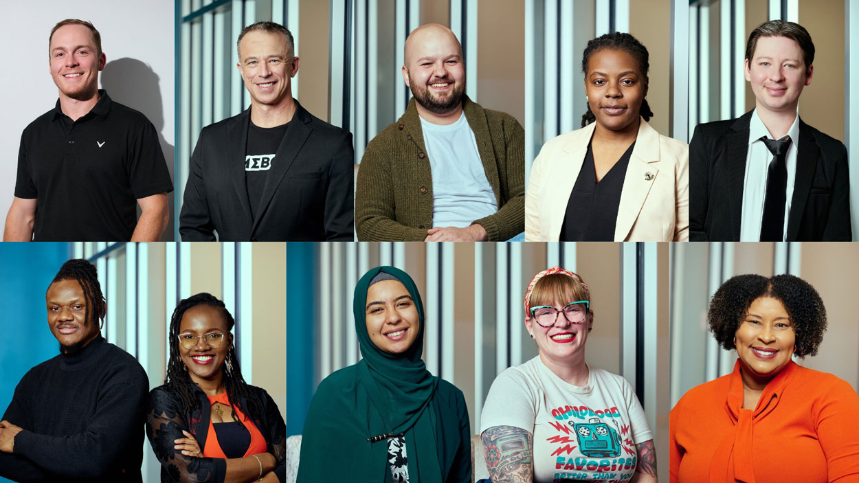 Members of the 2026 Anchor Accelerator cohort: (clockwise from top left) Luke Lieb of Unique Visions, LLC; Doug Wulff of Timebolt; Kenneth Eversole of OpsCompanionAI; Jaee Blue of Venture Beyond Aspirations; Sam Vanderpool of Blue Reason, LLC; Tiffany Jones of Cheryl's Herbs; Jackie Huebbe of SugarBot, Mona Jawad of ASL Aspire; and Anthony Ezeokoye and Afoma Ezeokoye of Raknida.