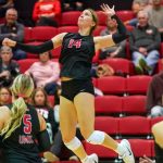 Outside hitter leaps to attack the ball in UMSL's volleyball match against Indianapolis in the first-round of the NCAA Tournament