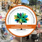 A collage of photos showing different aspects of community engagement, including work by the Addiction Science team to assemble overdose prevention kits; a staff member cleaning up debris after the May 16 tornado in north St. Louis; an area high school student working in a lab while taking part in the Collaborative Laboratory Internships and Mentoring Blueprint; and members of the community taking part in an UMSL-organized dialogue about economic vitality