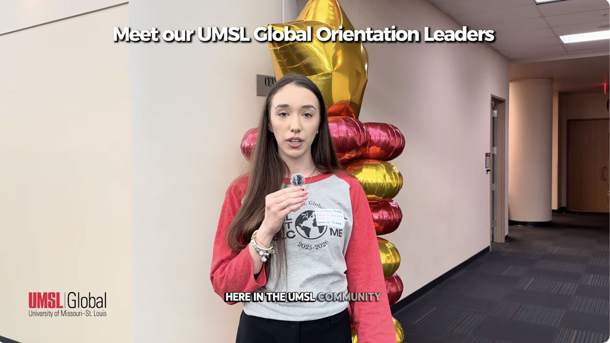 UMSL Global orientation leader Viktoria Dimitrova offers advice to new international students