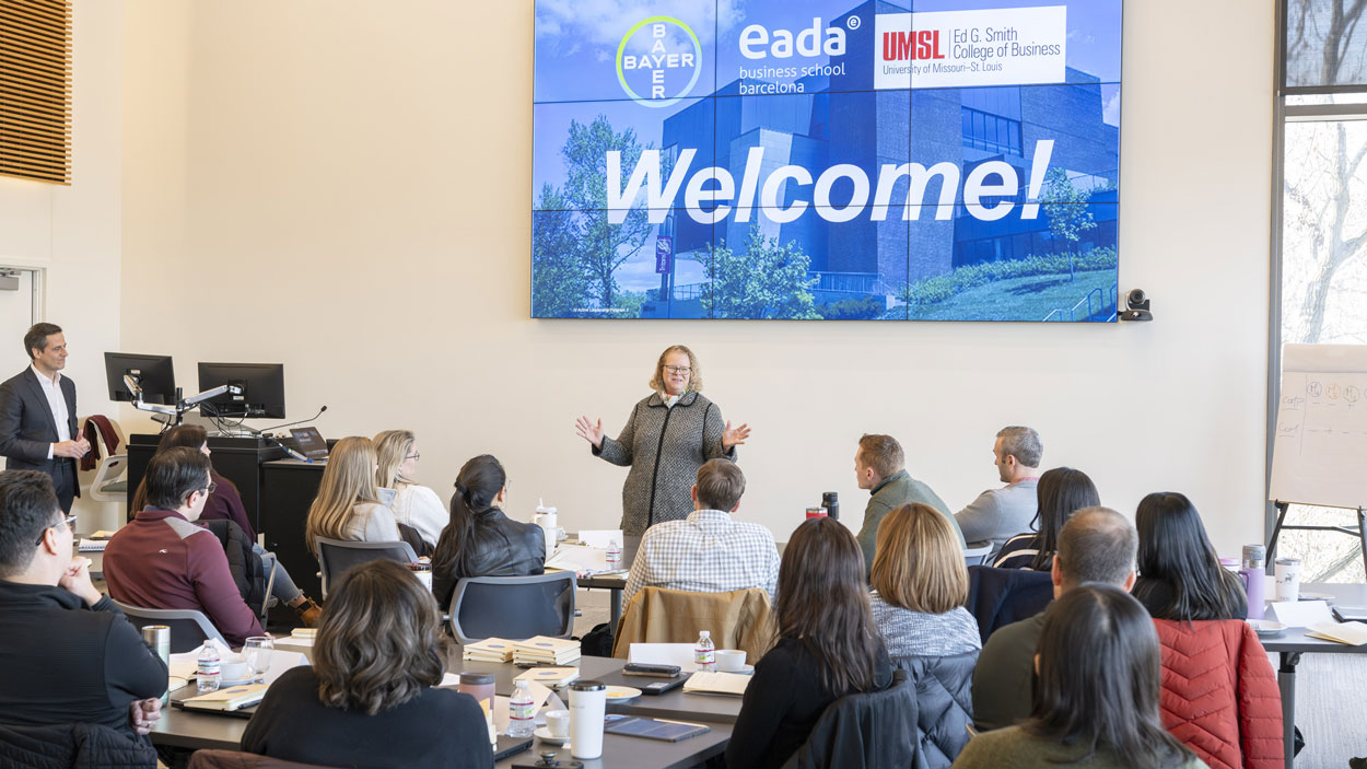 Chancellor Kristin Sobolik welcomed a group of nearly 40 leaders from Bayer to the University of Missouri–St. Louis campus on Monday afternoon.