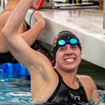 UMSL swimmer Justice Beard celebrates after her first-place finish in the 200-yard freestyle race at the 2026 GLVC Swimming and Diving Championships