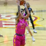 UMSL women's basketball player Mara Rieder grabs a rebound