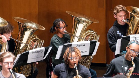 Nova Thompson plays the tuba during the Des Lee festival