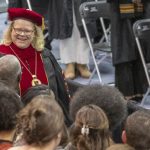 Chancellor Kristin Sobolik greeting guests at commencement
