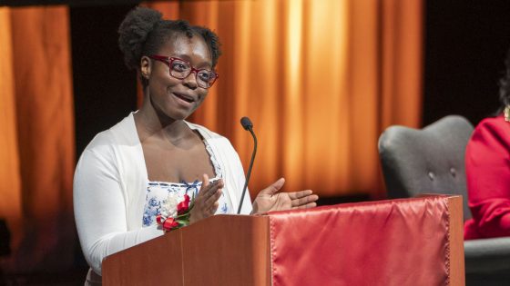 Pattonville High School senior Tracey Machuki delivers a student reflection