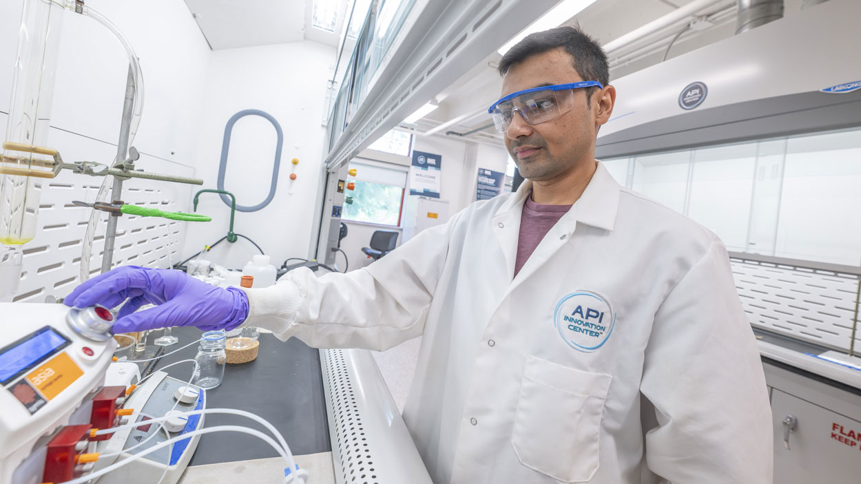 Chemist Saroj Kafle works in API Innovation Center's Research and Development Labs in the UMSL Science Complex.