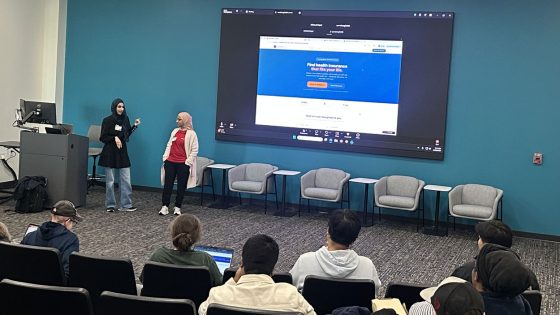 Students Etaf Abdallah and Asmahan Ghaleb discuss the tool they built during a vibe coding workshop on Feb. 20