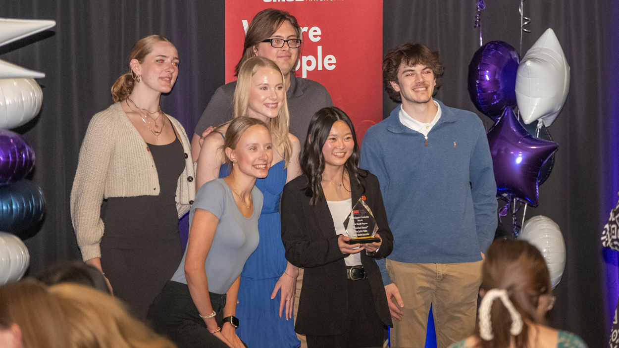 Members of the Pierre Laclede Honors College Student Asociation pose for a photo after being honored for Best Overall Program during the 2026 Student Leadership Awards, part of the Mirth Week Events.