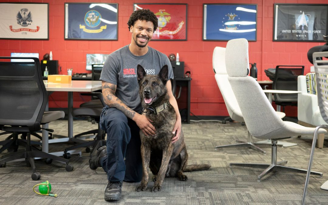 Air Force veteran Ahmad Houston works toward degree in marketing alongside Hecktor, a military working dog 