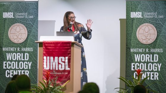 Missouri Botanical Garden President Lúcia Lohmann gives a presentation after accepting the Robert R. Hermann World Ecology Award