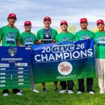 Members of the men's golf team gather with a trophy and banners after winning the GLVC Championship
