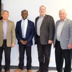 Michael Seper, Haitao Li, George Nnanna, Albert Lowas, Steven J. Berberich and Reda Amer at a kickoff meeting to discuss potential collaborations arising from an Education Partnership Agreement between UMSL and U.S. Transportation Command and Air Mobility Command
