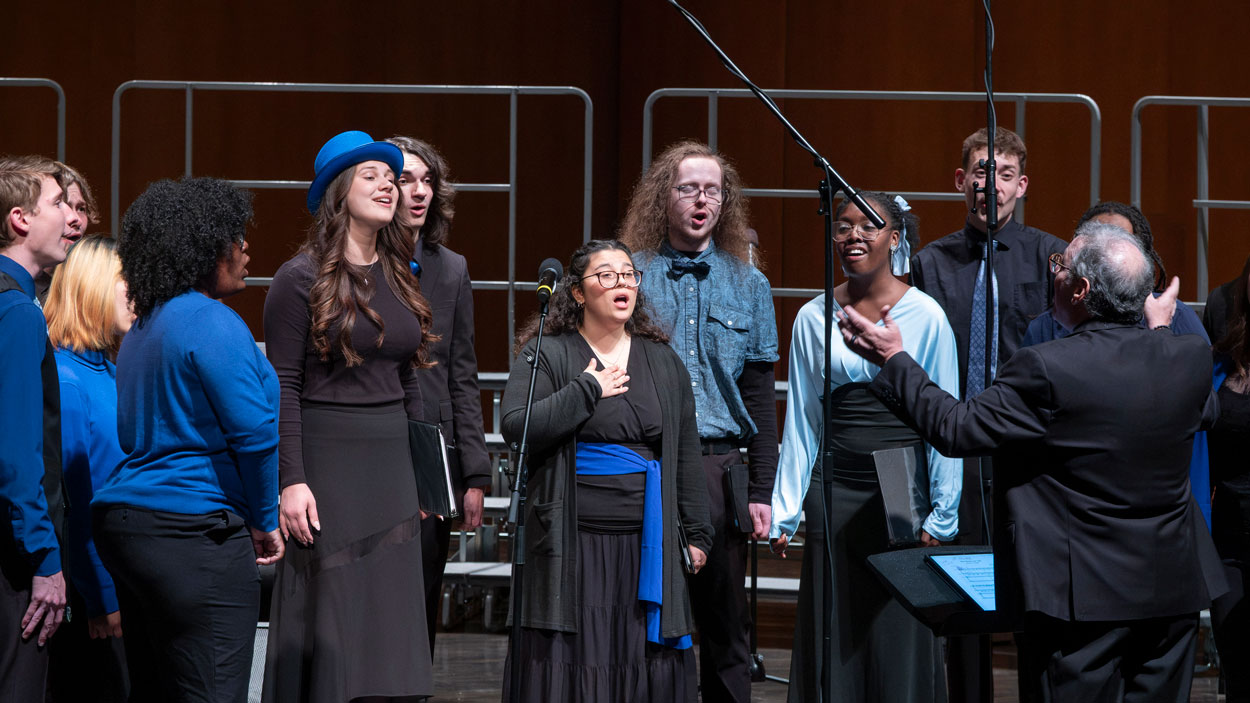 Members of Vocal Point, an a cappella ensemble at the University of Missouri–St. Louis, perform during "Blue," a choral concert on May 5 that featured music ranging from Bach to gospel to popular music.