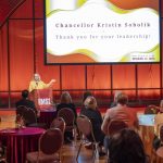 Chancellor Kristin Sobolik speaks to members of the Chancellor's Council, Alumni Association Board of Directors and other friends and supporters during a reception in the Lee Theater