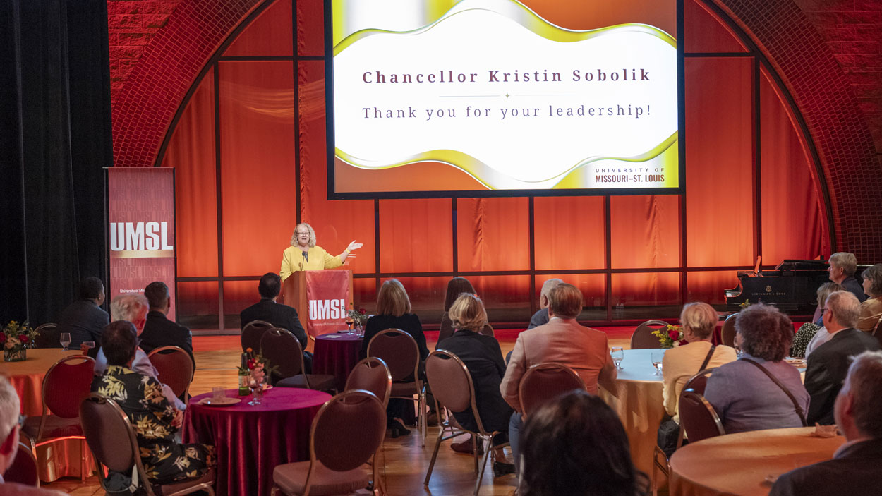 Chancellor Kristin Sobolik speaks to members of the Chancellor's Council, Alumni Association Board of Directors and other friends and supporters during a reception in the Lee Theater