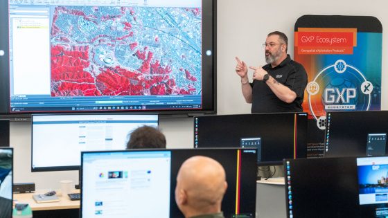 Jay Gordon with BAE Systems gives a geospatialpresentation to UMSL faculty, staff and students during a workshop with the UMSL Geospatial Collaborative