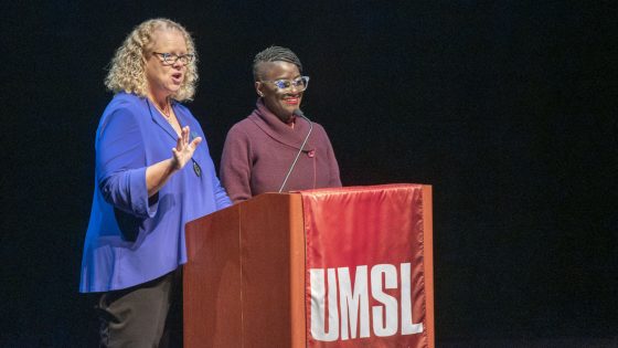 UMSL Chancellor Kristin Sobolik and FOCUS St. Louis President and CEO Yemi Akande-Bartsch welcome attendees to the 2026 Start with Leadership Conference