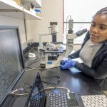 University City High School student Journee Glasby working in the lab of Professor Michael Nichols