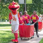 University of Missouri–St. Louis mascot Louie helped and welcomed families and new students to campus during move in Day at Oak Hall.