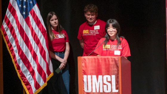 Left to right, UMSL Students , Samantha Lattimer, Matthew Waller and Macyn Kidd, introduce themselves with the language they are studying.