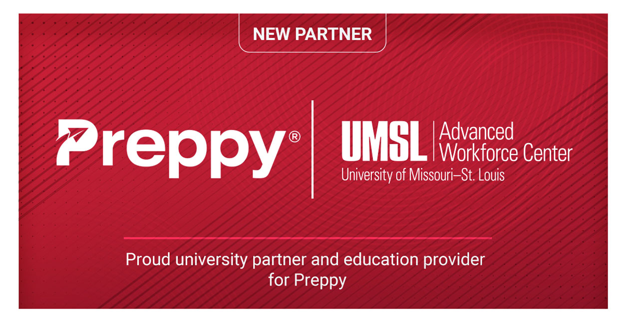 Graphic highlighting partnership between Preppy and UMSL's Advanced Workforce Center