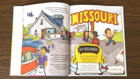 A page from "Route 66: Faces and Places Along America's Most Famous Road" highlights Missouri landmarks such as Ted Drewes Frozen Custard and Donut Drive-In.