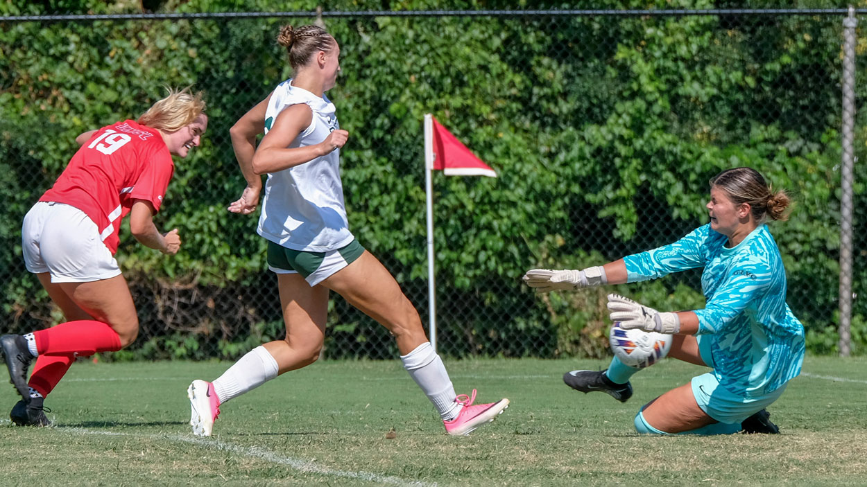 UMSL goalkeeper Allysa Wolf prevents a shot from a Parkside player during their match on September 2, 2026. The No. 25 University of Missouri-St. Louis women's soccer team defeated Parkside 2-1 for its first win of the season.