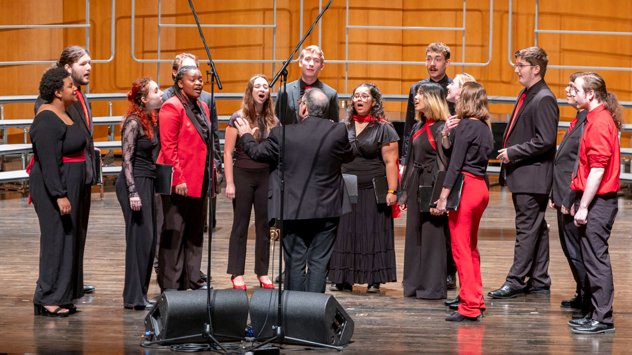 Members of UMSL's Vocal Point perform during the Acappellooza Fall festival held in the Touhill Performing Arts center.