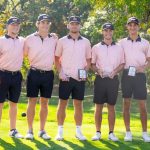 Members of the UMSL men's golf team holding plaques after winning the Doc Spragg Invitational
