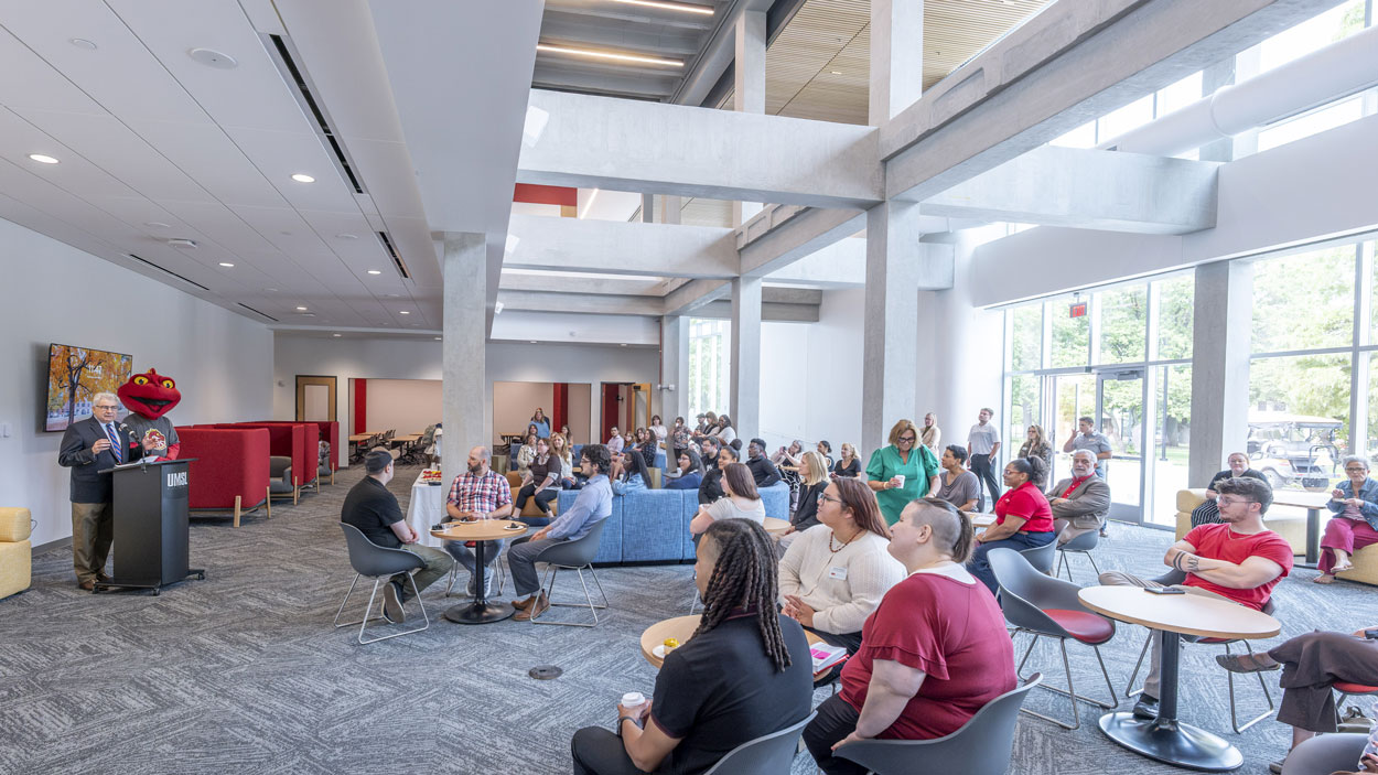 Interim Chancellor Chris Spilling expresses gratitude to students, faculty and staff while speaking during a campus open house at the new Richter Family Welcome and Alumni Center on Wednesday morning at the University of Missouri–St. Louis.